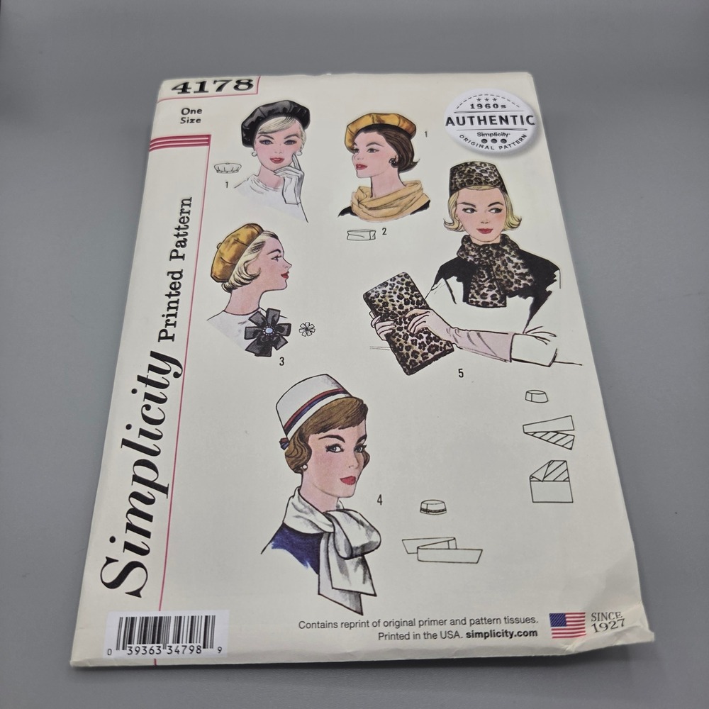 Simplicity 4178 1960s Retro Pillbox Hat Beret Scarf Bag Sewing Pattern OS